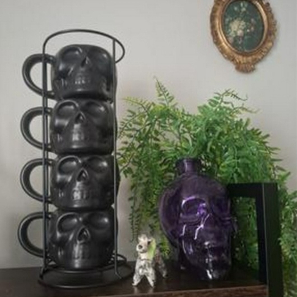 NEW! NEVER OPENED (1left)Edgy Black Skull Mug Set Of 4 with Stand New In Box
